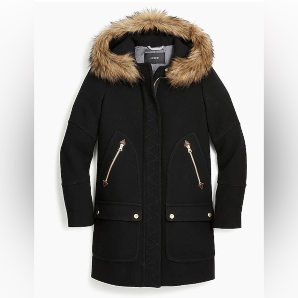 J Crew Chateau Black parka Italian wool coat with detachable fur hood size 8